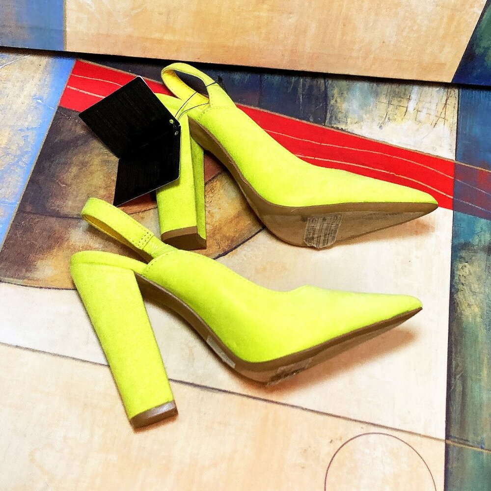 WOMEN'S FOREVER 21 CLOSED TOE LIME NEON HIGH HEELS FELT SHOES SIZE 6 STILETTOS